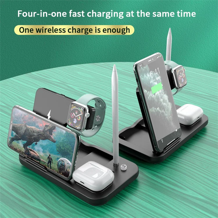 0W-01 4-in-1 Wireless Charger Desktop Wireless Charging Stand Dock for iWatch AirPods Apple Pencil Smartphones - Black - Image 2