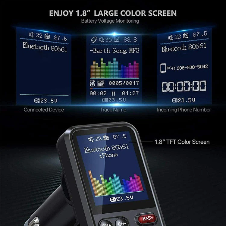 1.8 inch Screen Dual USB QC3.0 Car Charger FM Transmitter Bluetooth MP3 Music Player Phone Fast Charging Adapter - Image 4
