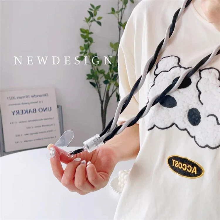110cm Universal Phone Lanyard Dual Color Twisted Mobile Phone Neck Strap with Clear Tether Tab - Black+Grey - Image 4