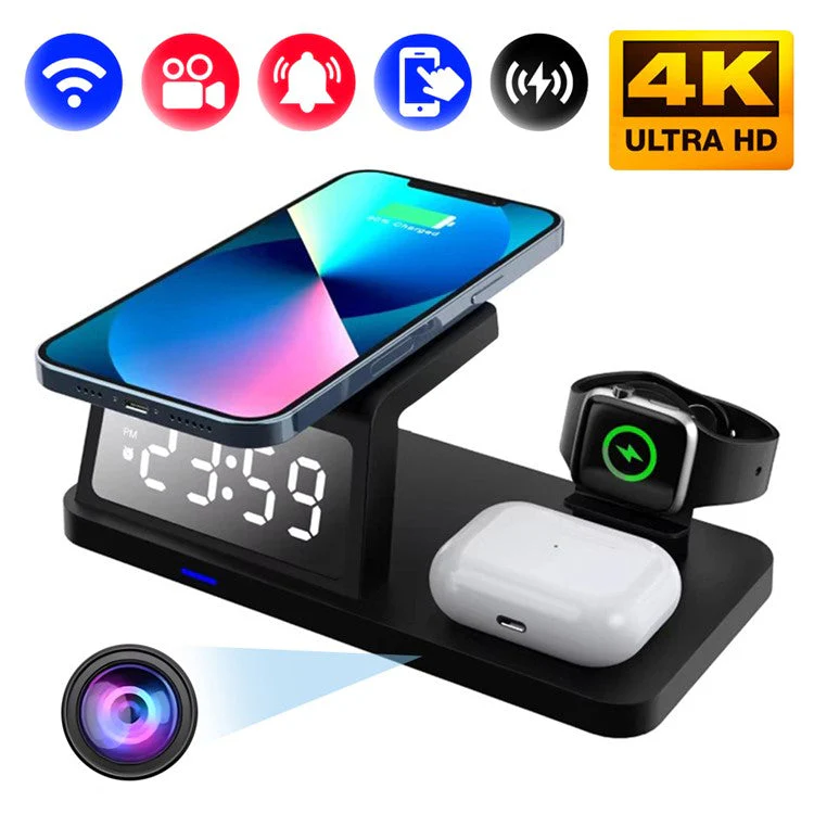 15W Wireless Charger Clock Alarm 4K WiFi Security Camera with Motion Detection - Black - Image 6