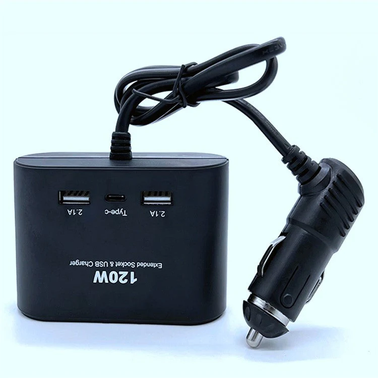 1653 120W Dual USB + 1 Type-C Port Car Charger 3 Cigarette Lighter Sockets Charging Adapter - Image 3