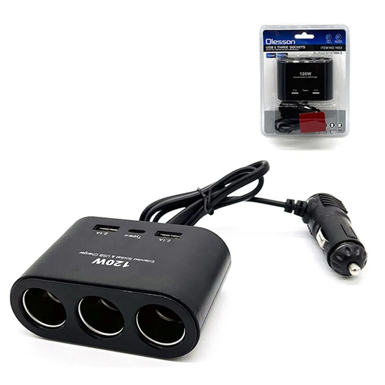 1653 120W Dual USB + 1 Type-C Port Car Charger 3 Cigarette Lighter Sockets Charging Adapter - Image 6