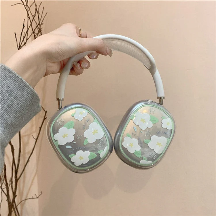 1Pair Protective Case for AirPods Max 2024 (USB-C) / Max Headphone Drop-Resistance TPU Sleeve - Green Leaf and Flower - Image 4