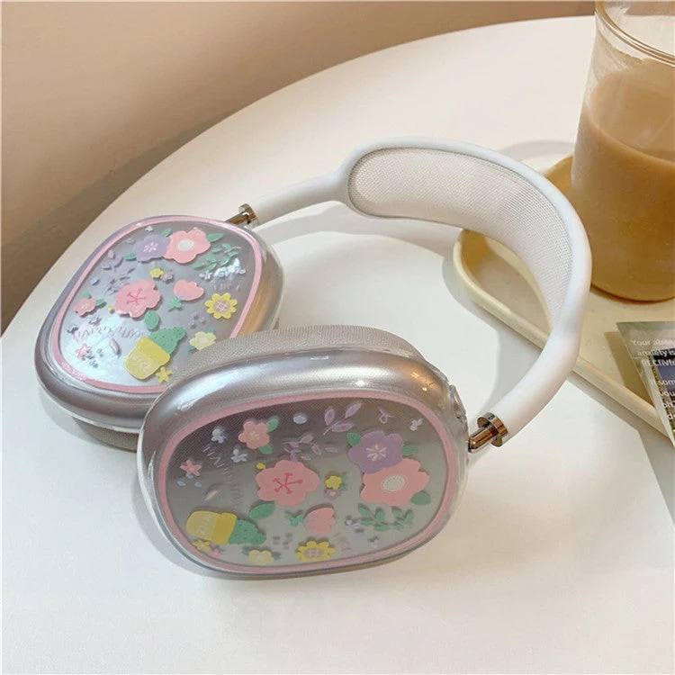 1Pair Protective Case for AirPods Max 2024 (USB-C) / Max Headphone Drop-Resistance TPU Sleeve - Pink / Purple Flower - Image 4