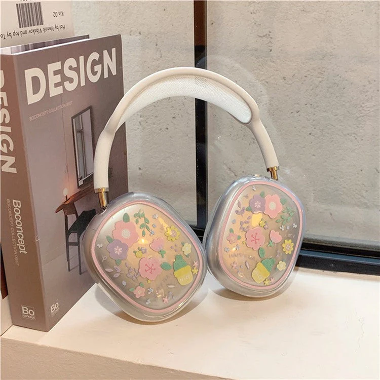 1Pair Protective Case for AirPods Max 2024 (USB-C) / Max Headphone Drop-Resistance TPU Sleeve - Pink / Purple Flower - Image 5