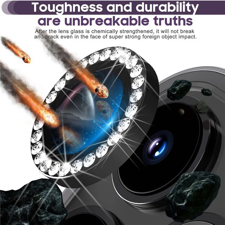 1Set For iPhone 16 Pro / 16 Pro Max Camera Lens Protector Tempered Glass+Metal Ring Rhinestone Lens Film - Black - Image 2