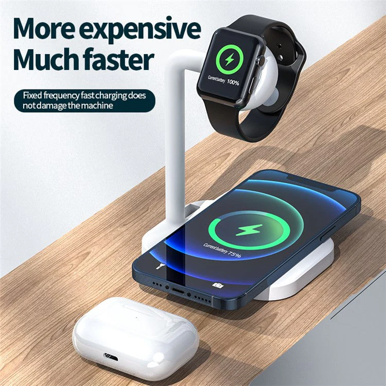 2 in 1 Magnetic Wireless Charger Desktop Wireless Fast Charging Base Stand Dock Station for Apple Watch/iPhone - White - Image 7