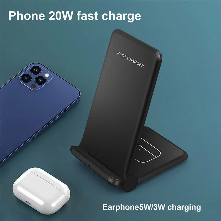 2 in 1 Wireless Charger Folding Bracket Fast Charger Station for Mobile Phone / Earphone - Black - Image 6