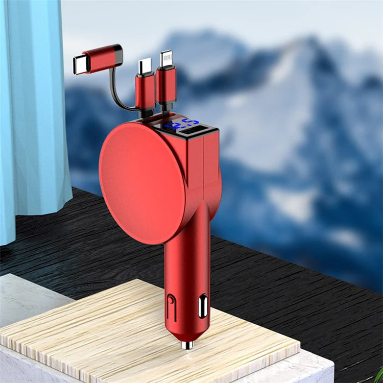3-in-1 Retractable Car Charger 12-24V Fast Charging Cigarette Lighter Plug Adapter (8th Gen) - Red - Image 2