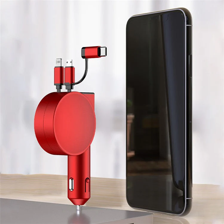 3-in-1 Retractable Car Charger 12-24V Fast Charging Cigarette Lighter Plug Adapter (8th Gen) - Red - Image 7