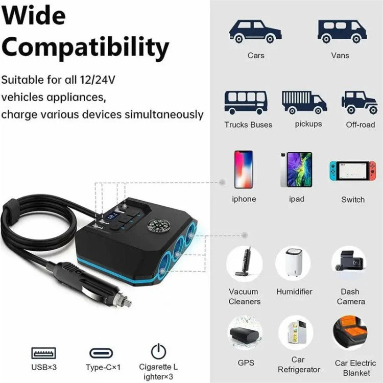 3 USB + 1 Type-C Car Charger 3 Cigarette Lighter Sockets Charging Adapter - Black - Image 4