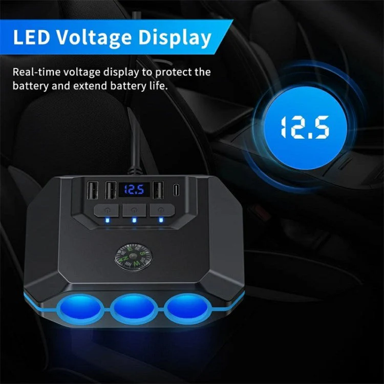 3 USB + 1 Type-C Car Charger 3 Cigarette Lighter Sockets Charging Adapter - Black - Image 7