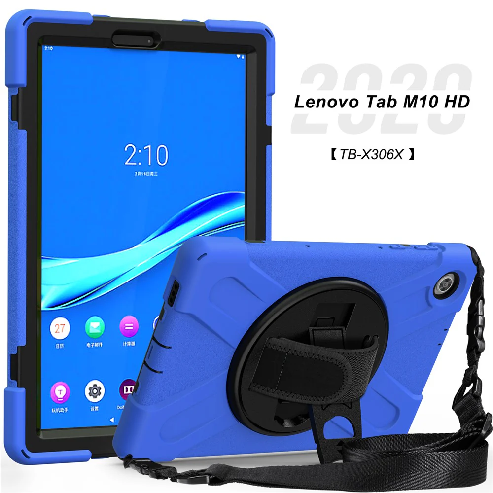 360 Degree Swivel Kickstand Design PC + Silicone Hybrid Tablet Case with Shoulder Strap for Lenovo Tab M10 HD X306X - Blue - Image 5