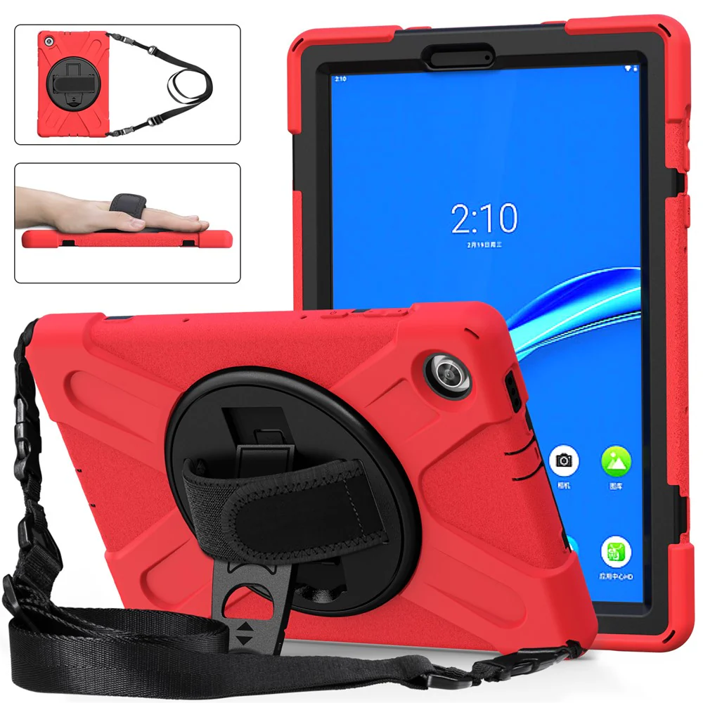 360 Degree Swivel Kickstand Design PC + Silicone Hybrid Tablet Case with Shoulder Strap for Lenovo Tab M10 HD X306X - Red - Image 3