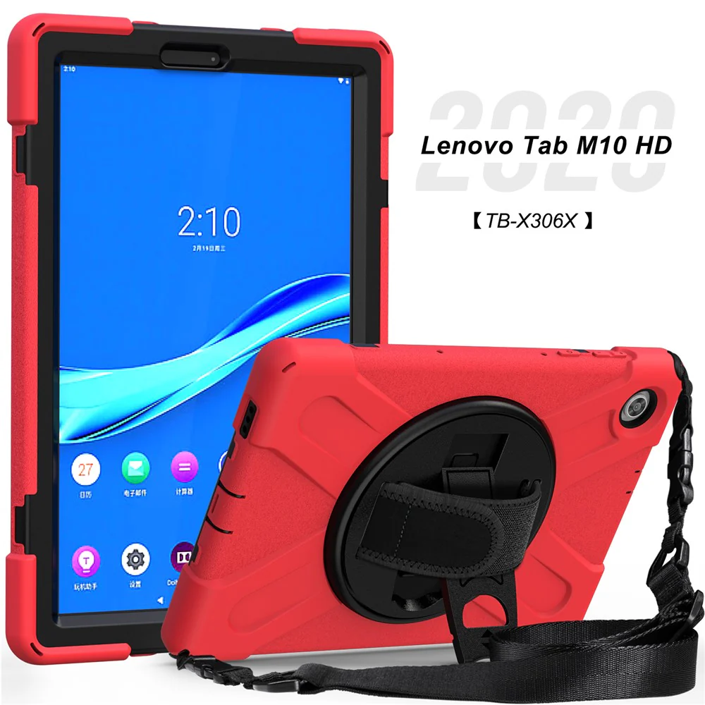 360 Degree Swivel Kickstand Design PC + Silicone Hybrid Tablet Case with Shoulder Strap for Lenovo Tab M10 HD X306X - Red - Image 5