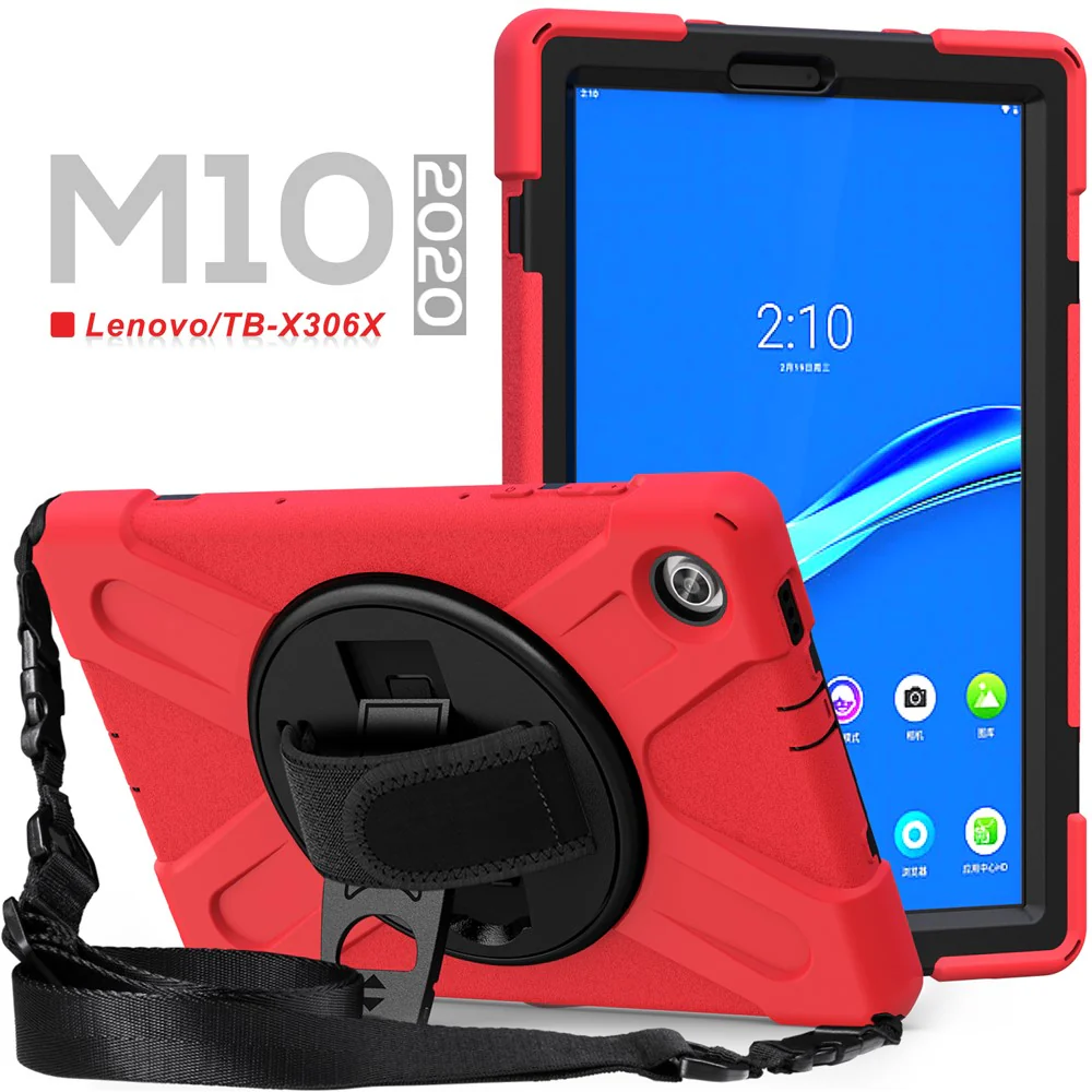 360 Degree Swivel Kickstand Design PC + Silicone Hybrid Tablet Case with Shoulder Strap for Lenovo Tab M10 HD X306X - Red - Image 6