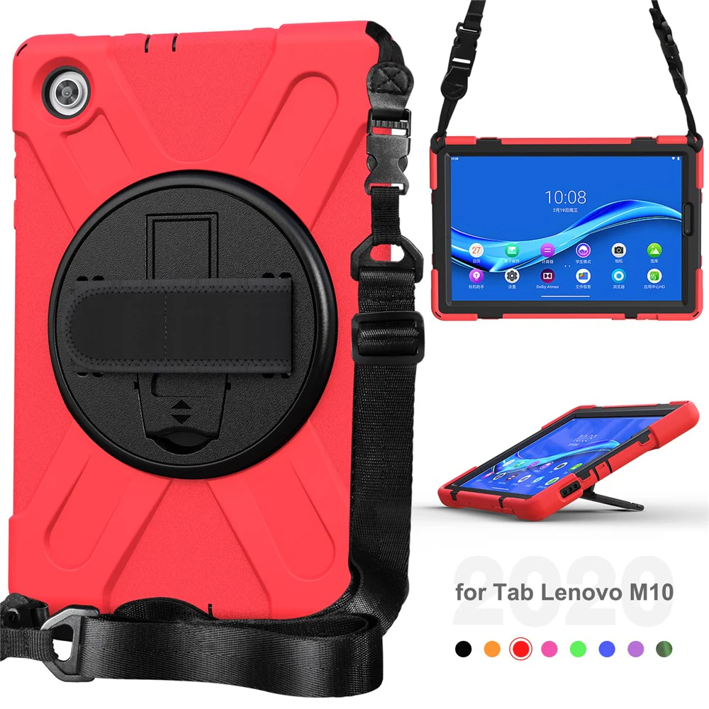 360 Degree Swivel Kickstand Design PC + Silicone Hybrid Tablet Case with Shoulder Strap for Lenovo Tab M10 HD X306X - Red - Image 8