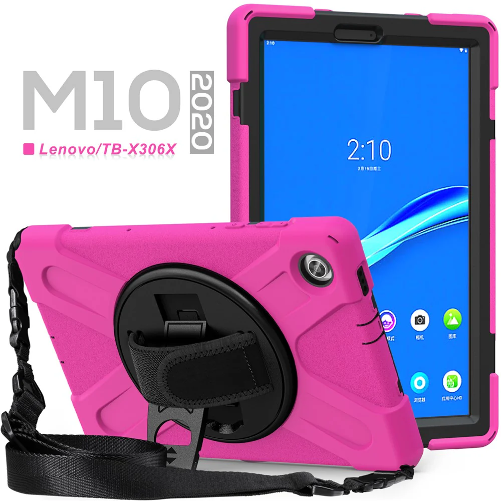 360 Degree Swivel Kickstand Design PC + Silicone Hybrid Tablet Case with Shoulder Strap for Lenovo Tab M10 HD X306X - Rose - Image 6