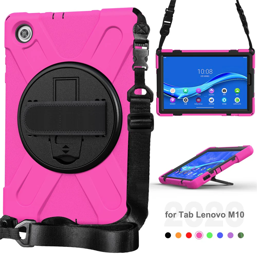 360 Degree Swivel Kickstand Design PC + Silicone Hybrid Tablet Case with Shoulder Strap for Lenovo Tab M10 HD X306X - Rose - Image 8