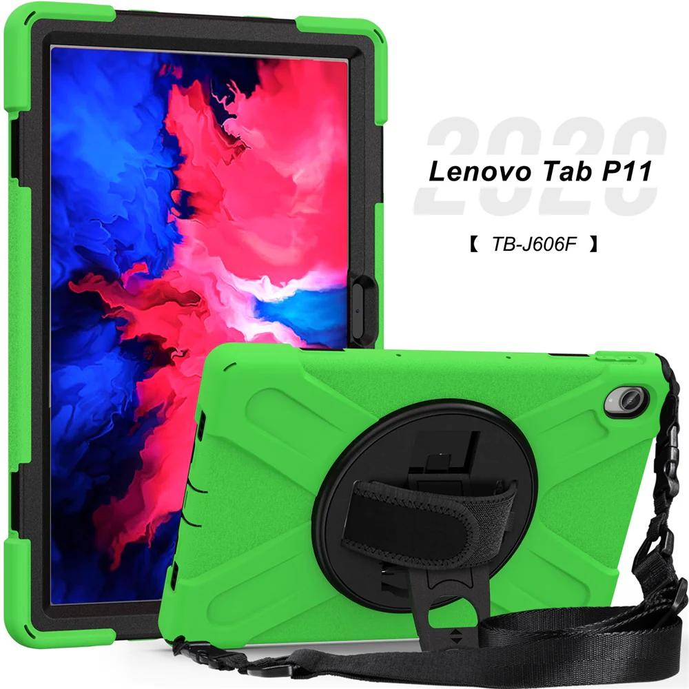360 Degree Swivel Kickstand Design PC + Silicone Hybrid Tablet Case with Shoulder Strap for Lenovo Tab P11 TB-J606F / Tab P11 5G / Tab P11 5G - Green - Image 5