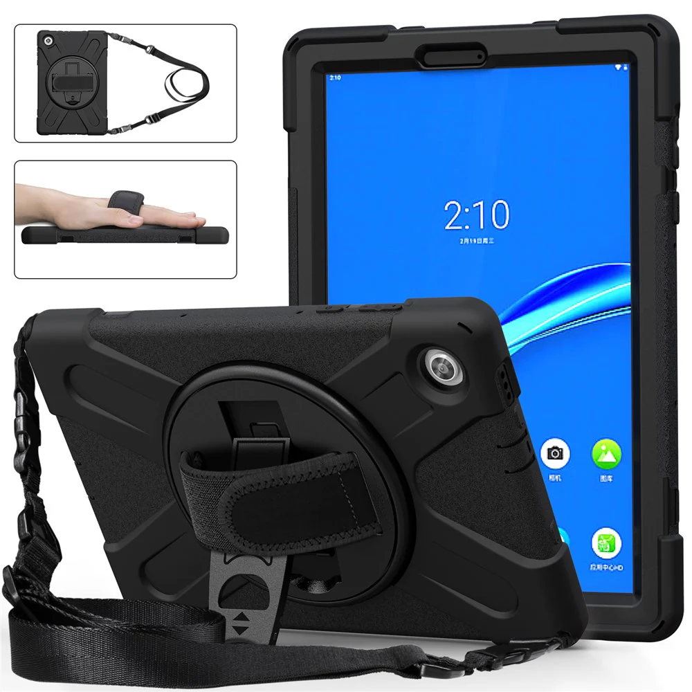 360 Degree Swivel Kickstand Design PC + Silicone Hybrid Tablet Case with Shoulder Strap forLenovo Tab M10 HD X306X - Black - Image 3