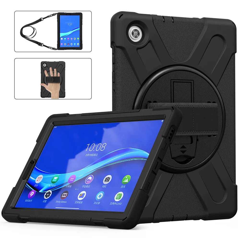 360 Degree Swivel Kickstand Design PC + Silicone Hybrid Tablet Case with Shoulder Strap forLenovo Tab M10 HD X306X - Black - Image 4