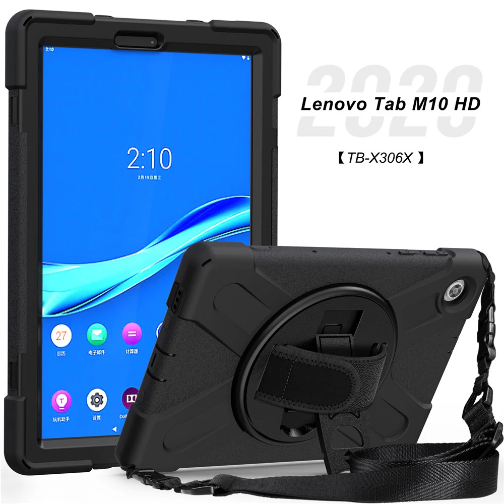 360 Degree Swivel Kickstand Design PC + Silicone Hybrid Tablet Case with Shoulder Strap forLenovo Tab M10 HD X306X - Black - Image 5