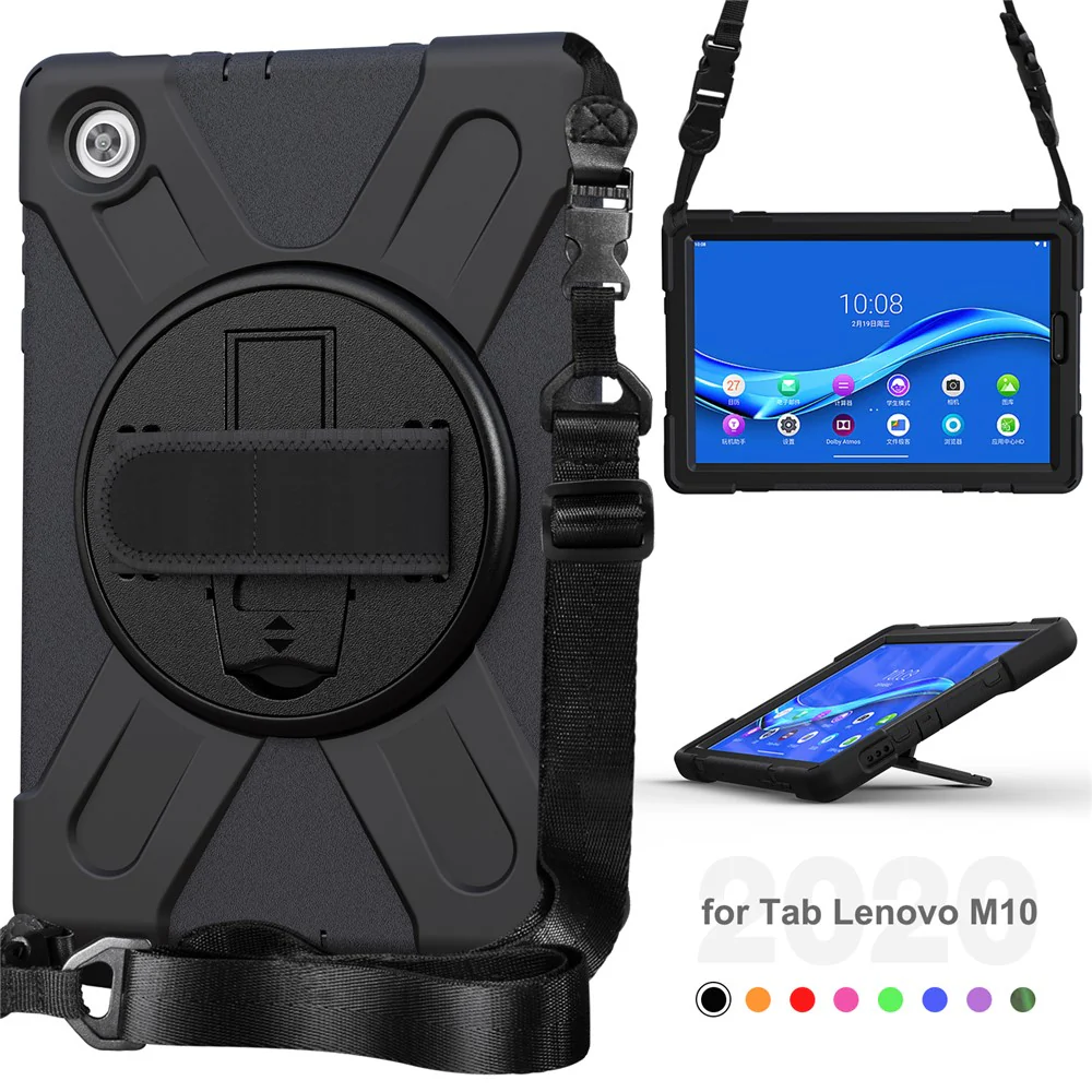 360 Degree Swivel Kickstand Design PC + Silicone Hybrid Tablet Case with Shoulder Strap forLenovo Tab M10 HD X306X - Black - Image 8