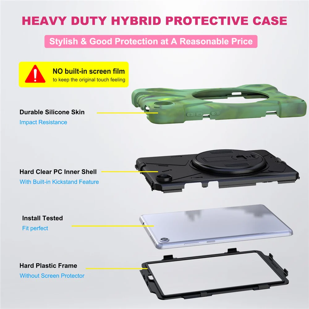 360° Swivel PC + Silicone Kickstand Tablet Case with Pen Slot Hand Band for Lenovo Tab M8 8" TB-8505F/8505X 2019 - Camouflage - Image 7