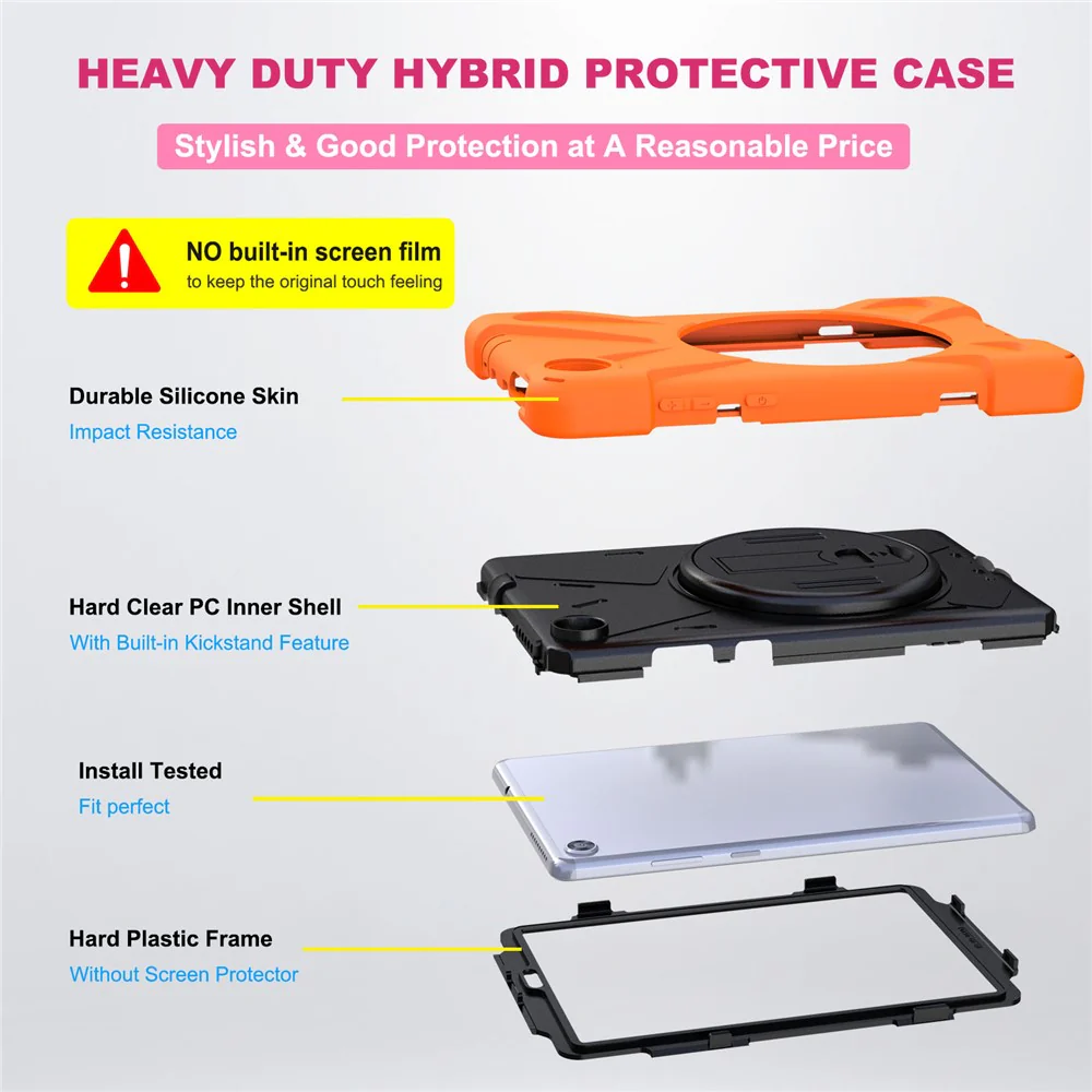 360° Swivel PC + Silicone Kickstand Tablet Case with Pen Slot Hand Band for Lenovo Tab M8 8" TB-8505F/8505X 2019 - Orange - Image 7