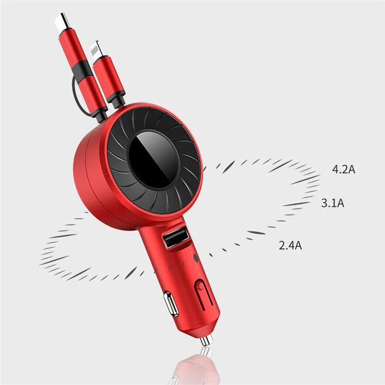 4.2A Fast Charge Car Charger Socket Car Cigarette Lighter Adapter with 3-in-1 Telescopic Cable (9th Gen) - Red - Image 5
