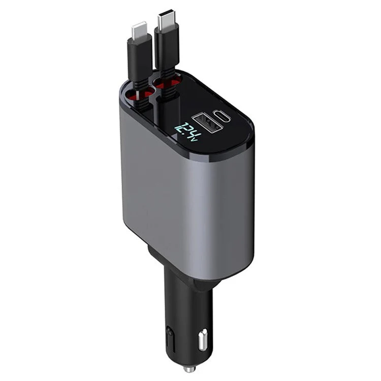 4-in-1 Digital Display Dual Ports Fast Charging Cigarette Lighter Car Charger with iP + Type-C Retractable Cable