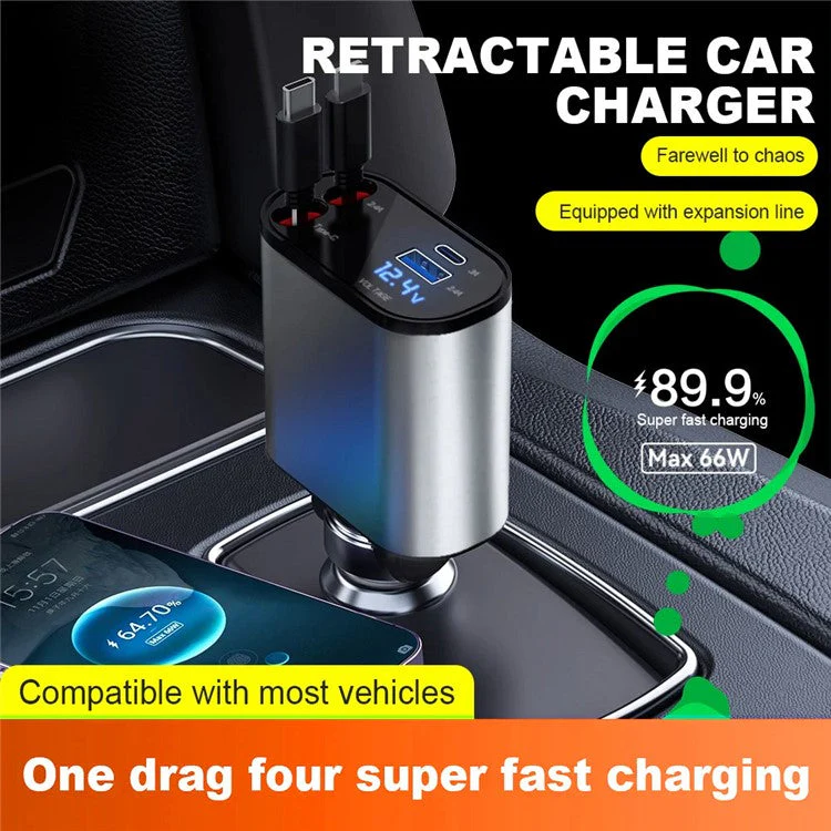 4-in-1 Digital Display Dual Ports Fast Charging Cigarette Lighter Car Charger with iP + Type-C Retractable Cable - Image 3