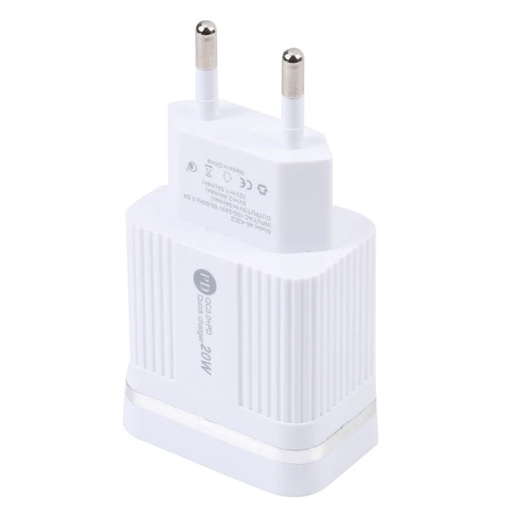 46-A2C2 20W PD + QC3.0 USB Fast Charger Type-C / USB-A Dual Port Power Adapter - EU Plug / White - Image 3