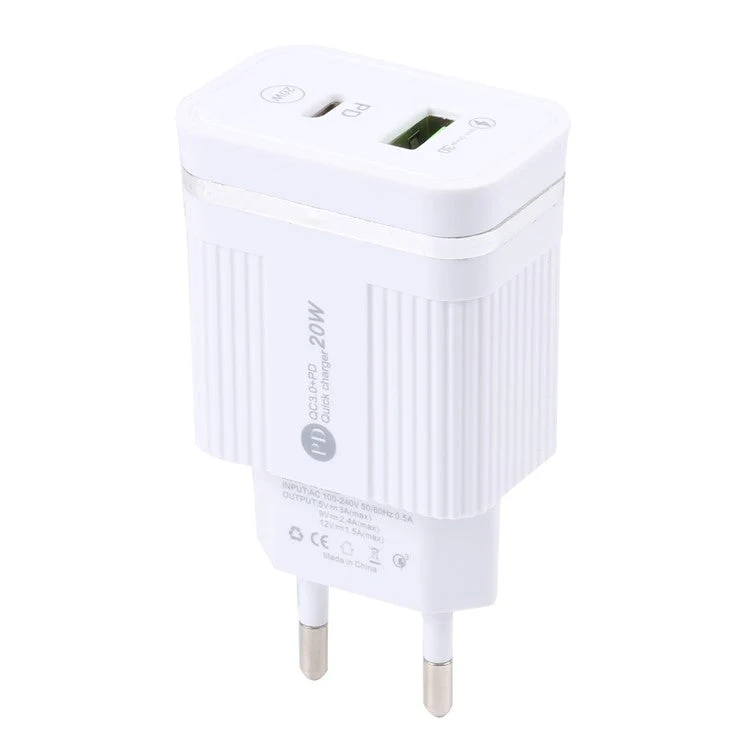 46-A2C2 20W PD + QC3.0 USB Fast Charger Type-C / USB-A Dual Port Power Adapter - EU Plug / White - Image 4