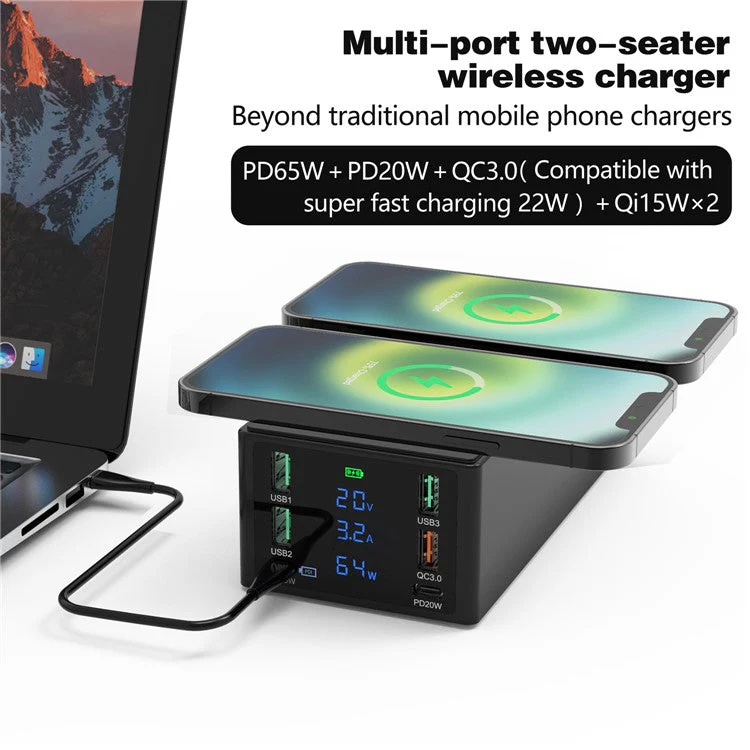 888W Multi-Port USB Phone Charger QC3.0 Fast Charger 15W Wireless Charger PD 65W Charging Station for Laptops - Black / US Plug - Image 2