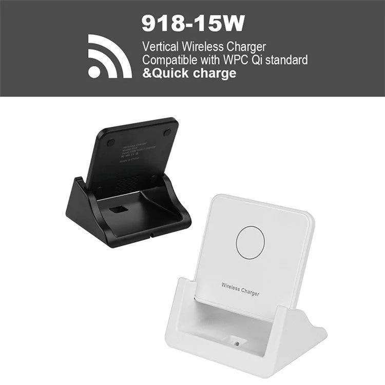 918 15W Vertical Wireless Charger Desktop Phone Stand Qi Fast Charging Dock - Black - Image 6