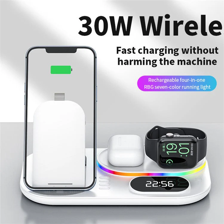 A06 4 in 1 Mobile Phone Fast Wireless Charger Multi-functional Charging Dock with Clock Display / RGB Light - White - Image 4