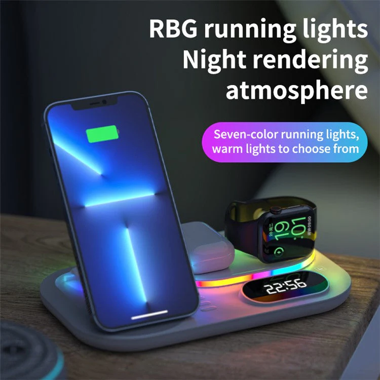 A06 4 in 1 Mobile Phone Fast Wireless Charger Multi-functional Charging Dock with Clock Display / RGB Light - White - Image 6