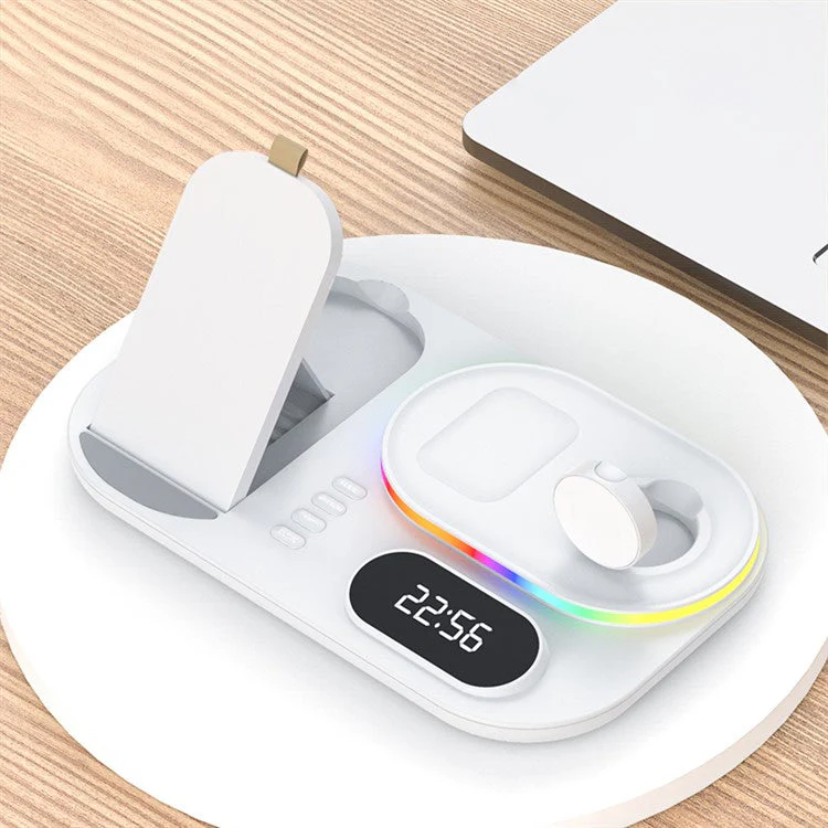 A06 4 in 1 Mobile Phone Fast Wireless Charger Multi-functional Charging Dock with Clock Display / RGB Light - White - Image 7