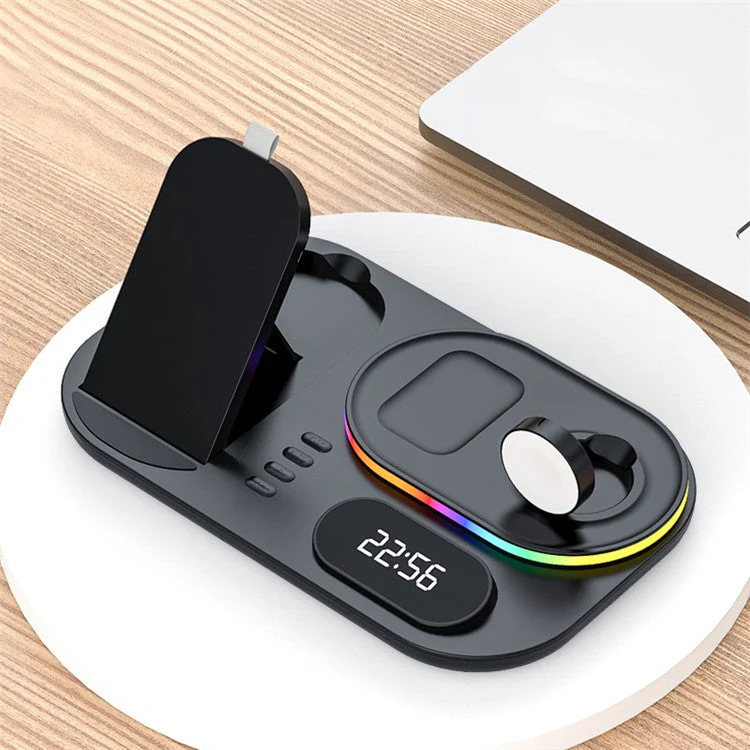 A06 4-in-1 Phone Watch Earphone Wireless Charger Digital Clock 15W Phone Wireless Charging Stand with RGB Light (for Samsung Smart Watch) - Black - Image 2