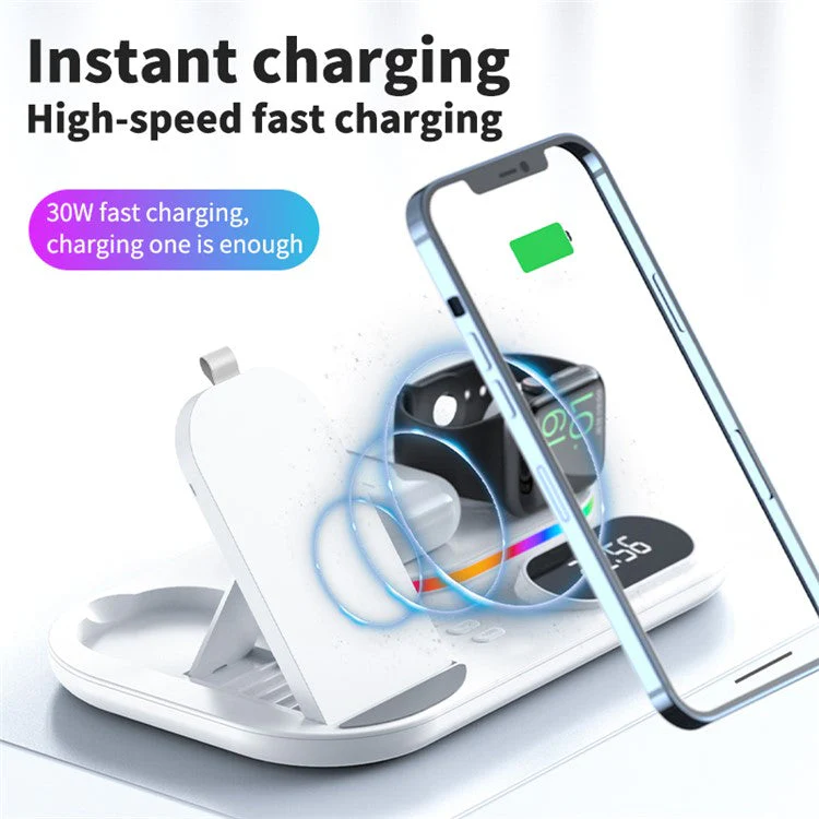 A06 4-in-1 Phone Watch Earphone Wireless Charger Digital Clock 15W Phone Wireless Charging Stand with RGB Light (for Samsung Smart Watch) - Black - Image 6