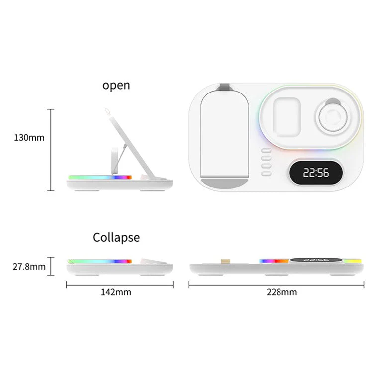 A06 4-in-1 Phone Watch Earphone Wireless Charger Digital Clock 15W Phone Wireless Charging Stand with RGB Light (for Samsung Smart Watch) - Black - Image 8