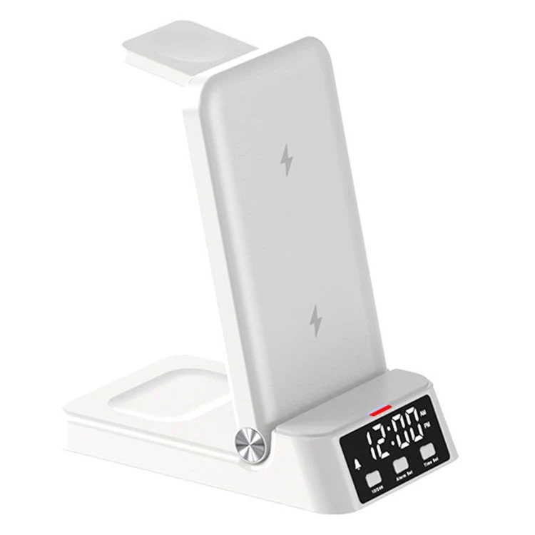 A60 4-in-1 15W Wireless Charger Folding Cell Phone Charging Stand with Clock Bluetooth Earbuds Smart Watch Charging Station (For Samsung Watch Version) - White - Image 2