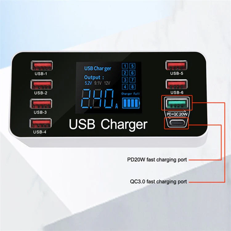 A9+ 8-Port USB+Type C 40W Quick Charge Adapter with LCD Display QC 3.0 Wall Charger - AU Plug - Image 3
