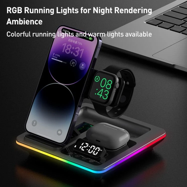 A93 15W 5-in-1 Multi-Function Folding Wireless Charger Cell Phone Charging Station with Clock for Headset Smart Watch - Black - Image 2