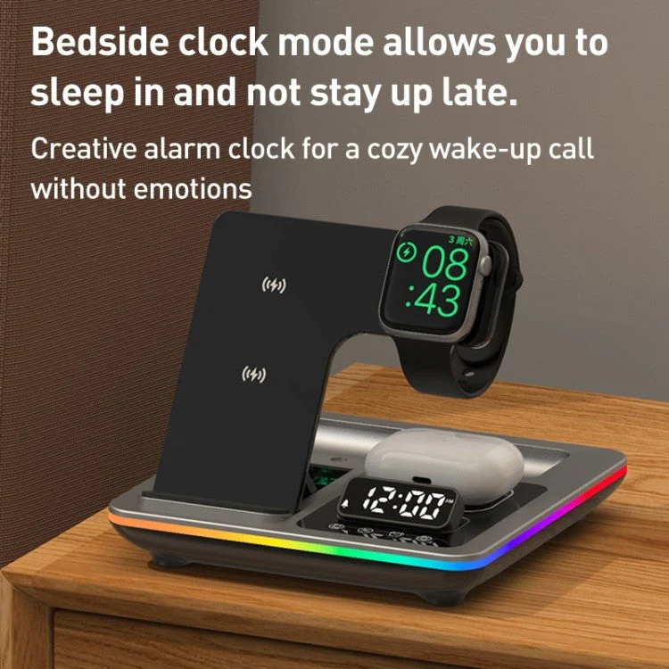A93 15W 5-in-1 Multi-Function Folding Wireless Charger Cell Phone Charging Station with Clock for Headset Smart Watch - Silver - Image 6
