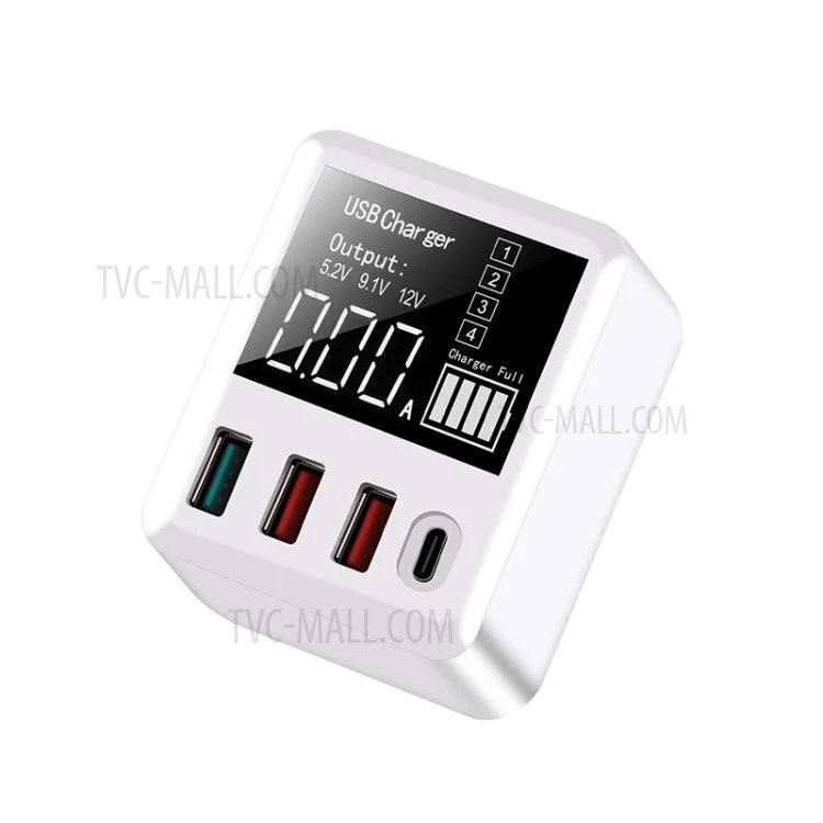 A9T+ USB+Type C 4-Port 40W Quick Charge Wall Adapter PD QC 3.0 Fast Charger with LCD Display - UK Plug