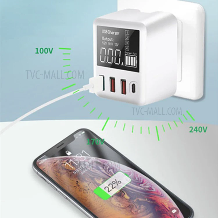 A9T+ USB+Type C 4-Port 40W Quick Charge Wall Adapter PD QC 3.0 Fast Charger with LCD Display - UK Plug - Image 2