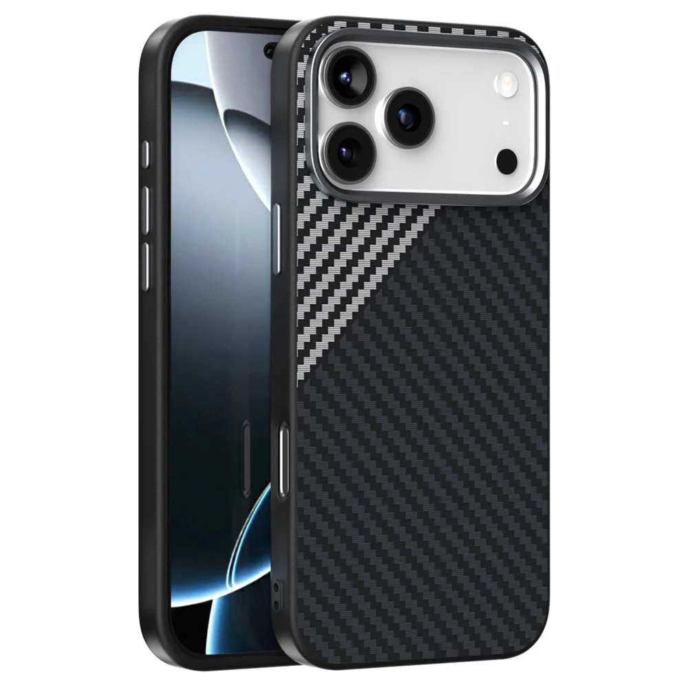 ABEEL For iPhone 17 Pro Max Case Compatible with MagSafe Carbon Fiber Texture Back Cover - Black / Silver